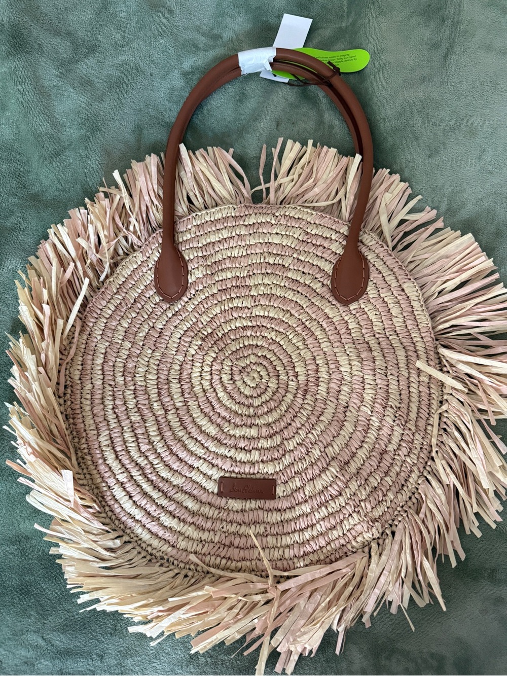 Sam Edelman Pink and Natural Round Straw Fringe Tote with Brown Handles